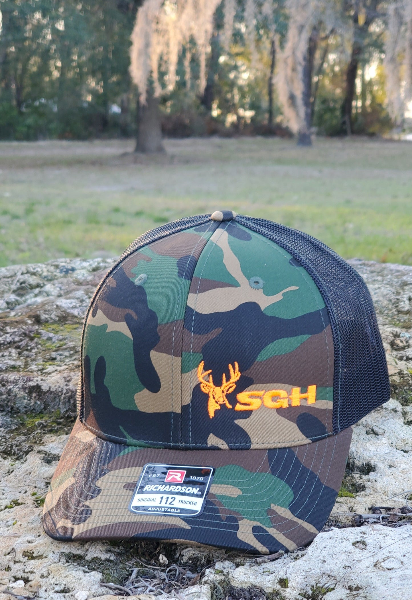 Woodland Camo Richardson 112 with Black Mesh & Blaze Orange 2nd Gen Buck Logo