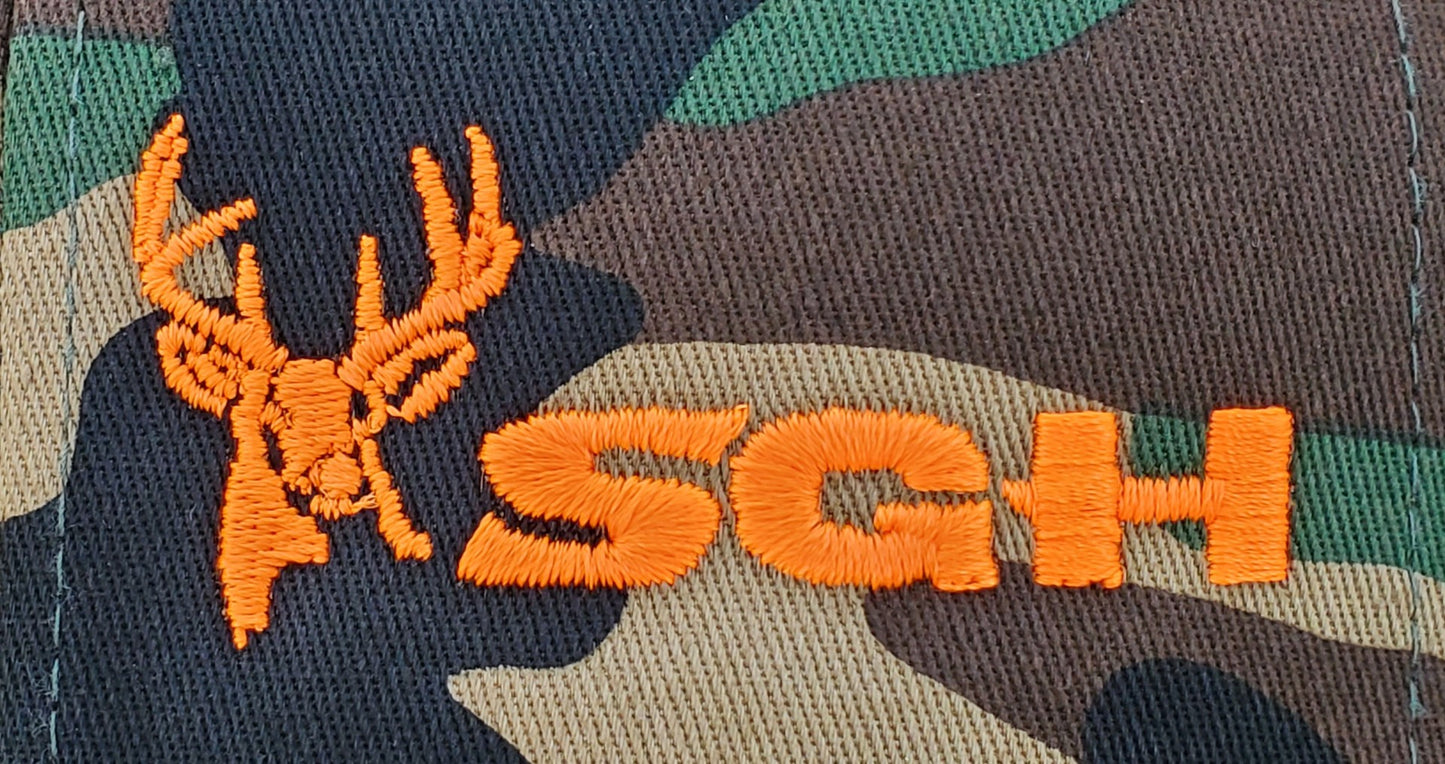 Woodland Camo Richardson 112 with Black Mesh & Blaze Orange 2nd Gen Buck Logo