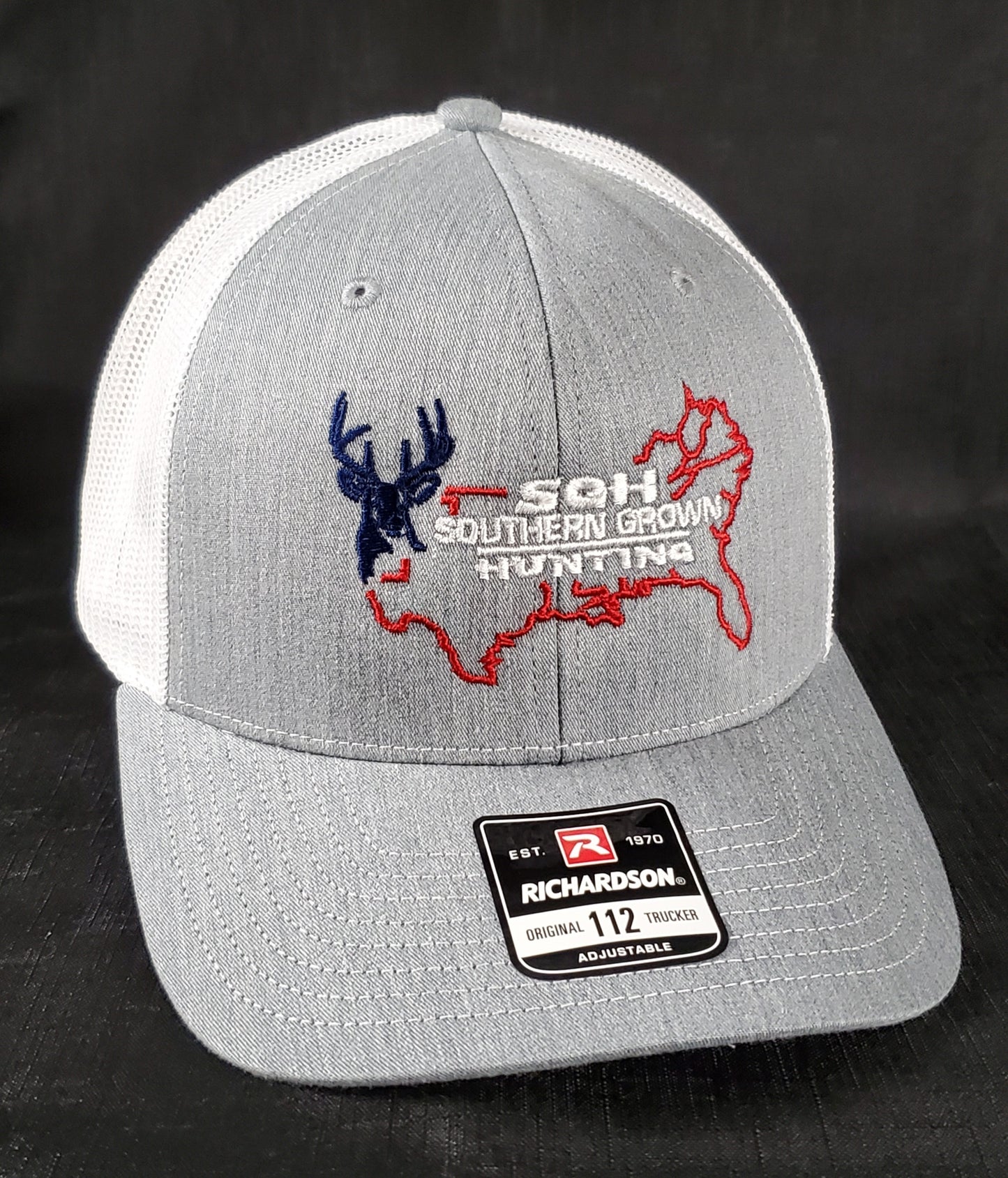 July 4th Special! Red, White, &Blue Embroidered Heather Gray Richardson with White Mesh